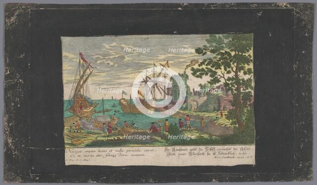 View of moored ships and a shipyard, 1708-1756. Creators: Martin Engelbrecht, Anon.