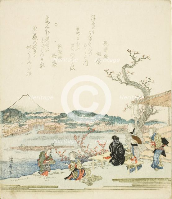 View of Mount Fuji from a tea house, Japan, c. 1820s. Creator: Ikeda Eisen.