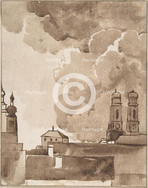 View of Munich with Marienkirche on right, late 18th-early 19th century. Creator: Franz Kobell.