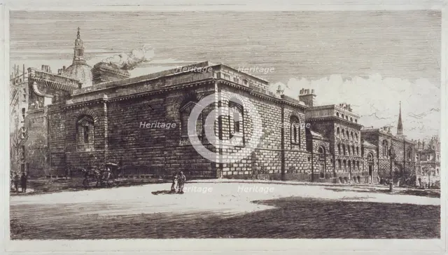 View of Newgate Prison, Old Bailey, from Newgate Street, City of London, c1900. Artist: William Monk