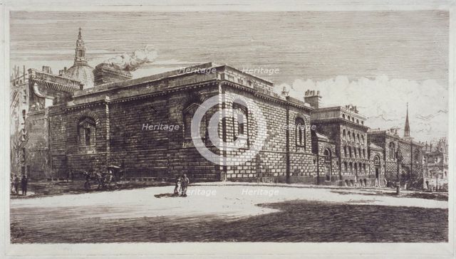 View of Newgate Prison, Old Bailey, from Newgate Street, City of London, c1900. Artist: William Monk