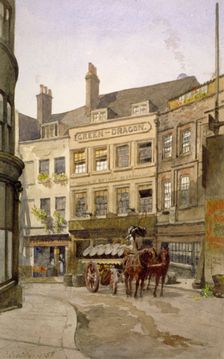 View of no 11 St Andrew's Hill and the Green Dragon Inn with a cart of barrels, London, 1888. Artist: John Crowther