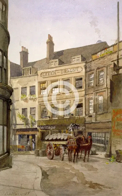View of no 11 St Andrew's Hill and the Green Dragon Inn with a cart of barrels, London, 1888. Artist: John Crowther