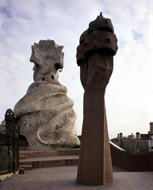 View of one of the chimneys crowning La Pedrera or Mila House, by Antoni Gaudí i Cornet (1852 - 1…