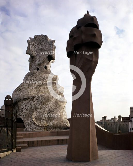 View of one of the chimneys crowning La Pedrera or Mila House, by Antoni Gaudí i Cornet (1852 - 1…