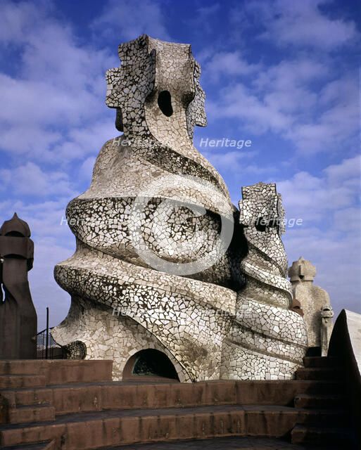 View of one of the chimneys crowning La Pedrera or Mila House, by Antoni Gaudí i Cornet (1852 - 1…