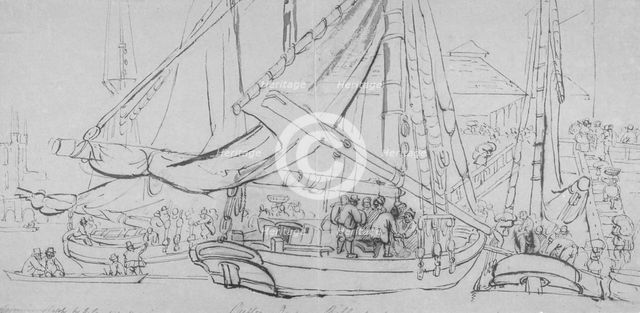 View of oyster boats at Billingsgate Wharf, City of London, 1810. Artist: George Cruikshank