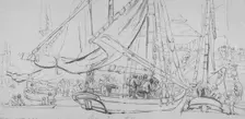 View of oyster boats at Billingsgate Wharf, City of London, 1810. Artist: George Cruikshank