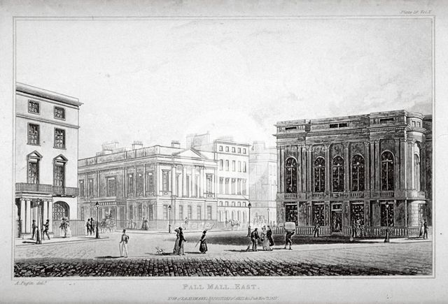 View of Pall Mall East, Westminster, London, 1827. Artist: Anon