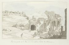 View of part of the stage and wall behind at Taormina theater, 1778. Creator: Louis Ducros
