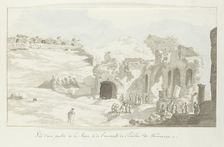 View of part of the stage and wall behind at Taormina theater, 1778. Creator: Louis Ducros