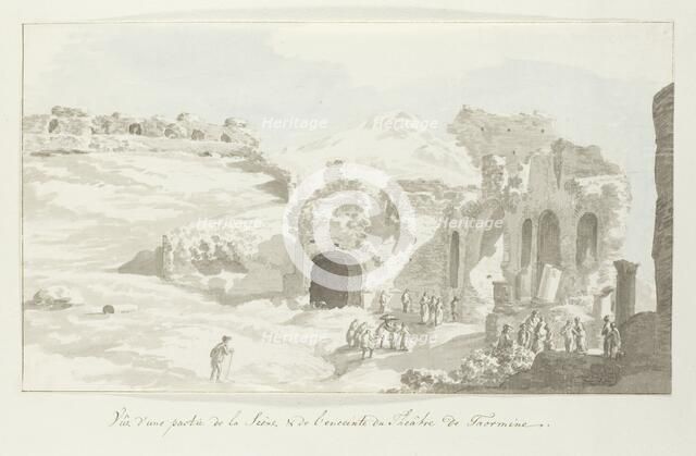 View of part of the stage and wall behind at Taormina theater, 1778. Creator: Louis Ducros.