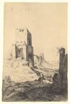 View of Ponte Mammolo, a bridge in the background, a tower with ramp in the middle ground..., 1639. Creator: Bartholomeus Breenbergh
