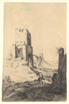 View of Ponte Mammolo, a bridge in the background, a tower with ramp in the middle ground..., 1639. Creator: Bartholomeus Breenbergh