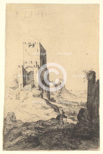 View of Ponte Mammolo, a bridge in the background, a tower with ramp in the middle ground..., 1639. Creator: Bartholomeus Breenbergh.