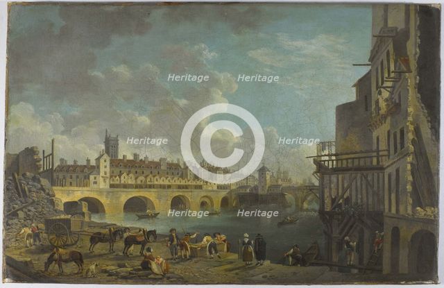 View of Quai de Gesvres during demolition of houses at the Pont au Change , c1788. Creator: Pierre-Antoine Demachy.