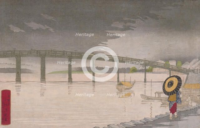 View of Rainfall on Shin-Ou-hashi in To-kei, 1876. Creator: Kobayashi Kiyochika.