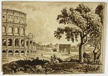 View of Roman Colosseum and Arch of Titus, with Couple in Foreground, n.d. Creator: Giuseppe Fini