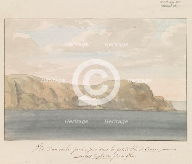 View of rock with hole on small island of Comino near Gozo, 1778. Creator: Louis Ducros.