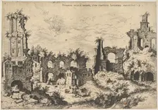 View of ruins on the Palatine Hill with trabeated facade at left and arcades at center, fr..., 1550. Creator: Hieronymus Cock