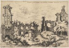 View of ruins on the Palatine Hill with trabeated facade at left and arcades at center, fr..., 1550. Creator: Hieronymus Cock