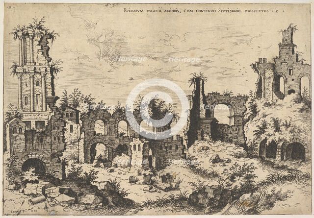 View of ruins on the Palatine Hill with trabeated facade at left and arcades at center, fr..., 1550. Creator: Hieronymus Cock.