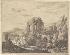 View of ruins showing the corner of a building with two arched windows, in a landscape wit..., 1658. Creator: Karel Du Jardin