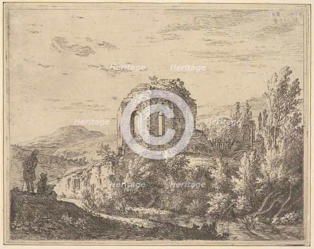 View of ruins showing the corner of a building with two arched windows, in a landscape wit..., 1658. Creator: Karel Du Jardin.