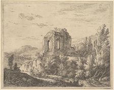 View of ruins showing the corner of a building with two arched windows, in a landscape wit..., 1658. Creator: Karel Du Jardin