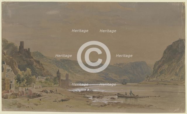 View of Sankt Goarshausen with Maus Castle, the Lorelei Rock in the background, 1853. Creator: Carl Morgenstern.
