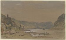 View of Sankt Goarshausen with Maus Castle, the Lorelei Rock in the background, 1853. Creator: Carl Morgenstern
