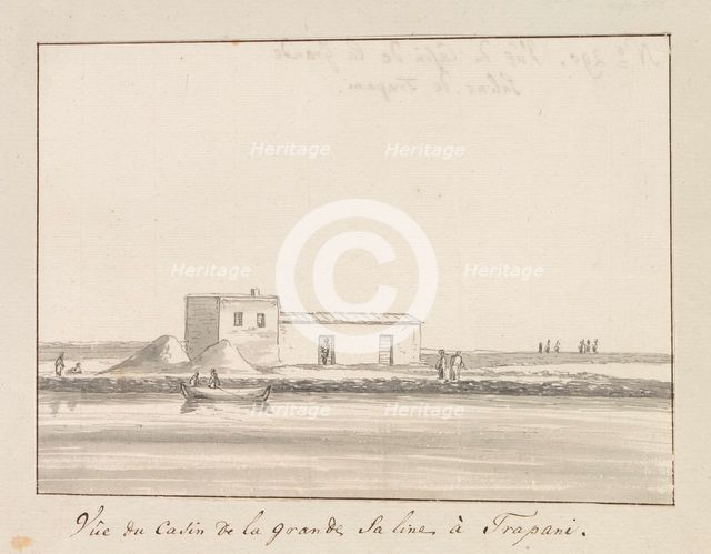 View of salt shack at large salt pan in Trapani, 1778. Creator: Louis Ducros.