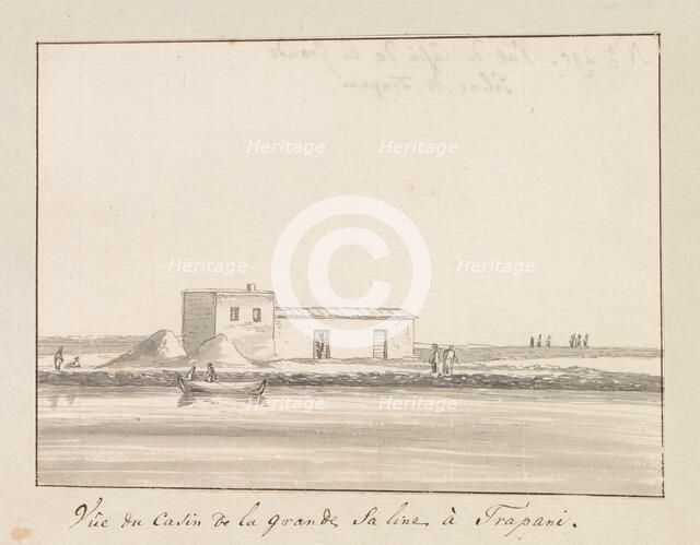 View of salt shack at large salt pan in Trapani, 1778. Creator: Louis Ducros.