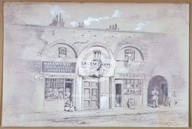 View of Salem Chapel and a tobacconists in Fitzroy Square, London, 1853.               Artist: Anon