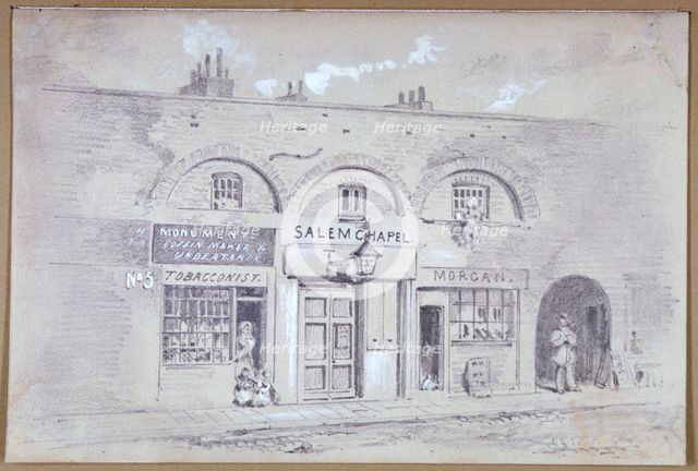 View of Salem Chapel and a tobacconists in Fitzroy Square, London, 1853.               Artist: Anon