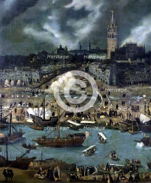 View of Seville, detail of the central part. Oil work by Sanchez Coello.