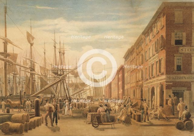 View of South Street, from Maiden Lane, New York City, ca. 1827. Creator: William James Bennett.