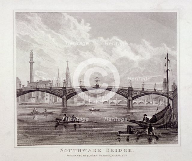 View of Southwark Bridge with boats on the Thames, 1819. Artist: Anon