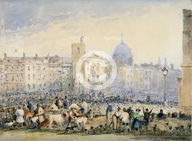 View of Smithfield Market with figures and animals, City of London, 1824.                            Artist: George Sidney Shepherd