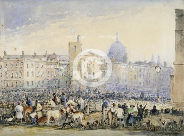 View of Smithfield Market with figures and animals, City of London, 1824.                            Artist: George Sidney Shepherd