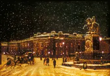 View of snow falling at Charing Cross at night, c1851. Artist: Anon
