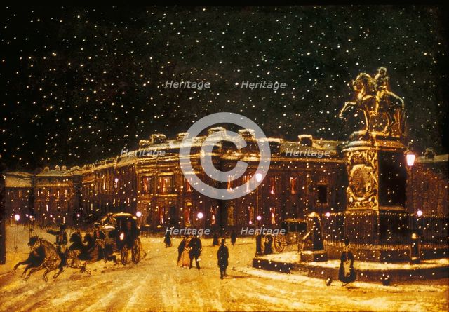 View of snow falling at Charing Cross at night, c1851. Artist: Anon