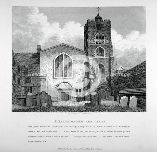 View of St Bartholomew-the-Great from the churchyard, City of London, 1810. Artist: W Preston