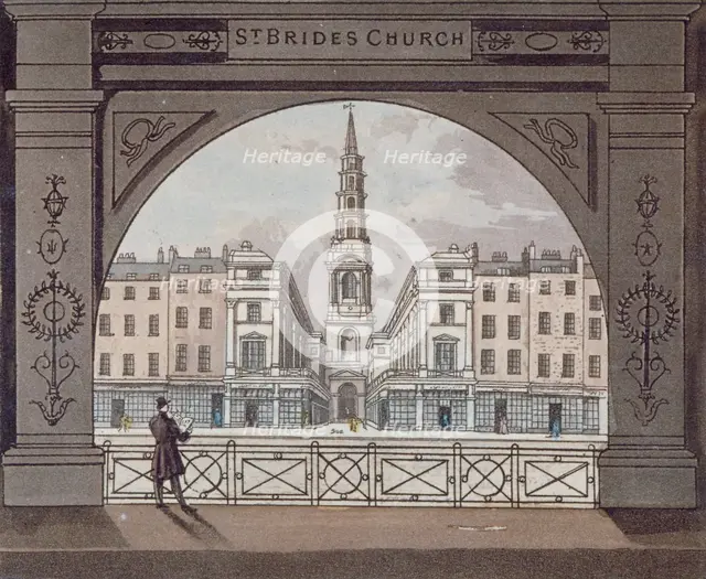 View of St Bride's Church, Fleet Street, through an archway, City of London, 1820. Artist: Anon