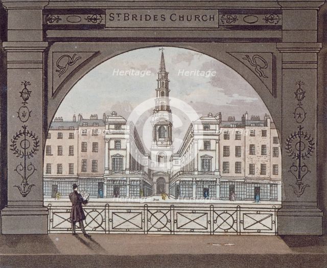 View of St Bride's Church, Fleet Street, through an archway, City of London, 1820. Artist: Anon