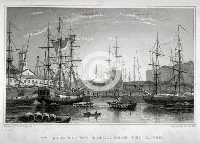 View of St Katharine's Dock from the basin, London, c1830. Artist: Henry Jorden