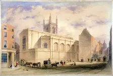 View of St Mary Aldermary with a street scene in Watling Street, City of London, c1850. Artist: Anon