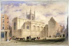 View of St Mary Aldermary with a street scene in Watling Street, City of London, c1850. Artist: Anon