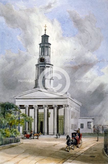 View of St Pancras New Church with carriages on Euston Road, London, 1855. Artist: W Guest