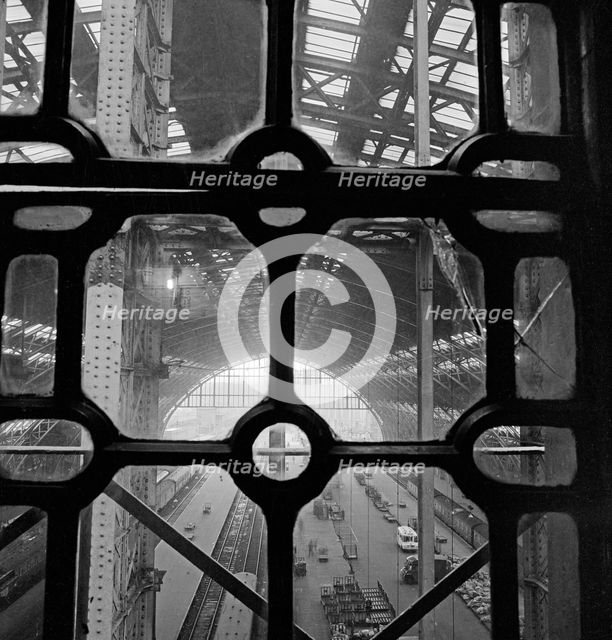 View of St Pancras Station through a leaded window, London, 1960-1972. Artist: John Gay